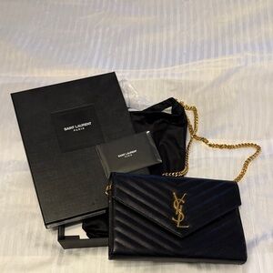 Saint Laurent Black Chevron Leather Clutch with Gold Chain